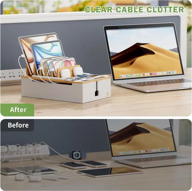 Alt view image 3 of 7 - Pezin & Hulin Bamboo Charing Station, Multi Charger Organizer Phone Docking Station, Large Wire Storage Box and Organizers for Cords Hider (Include 10-Port USB Charger and 6 Cables) -Natural+White