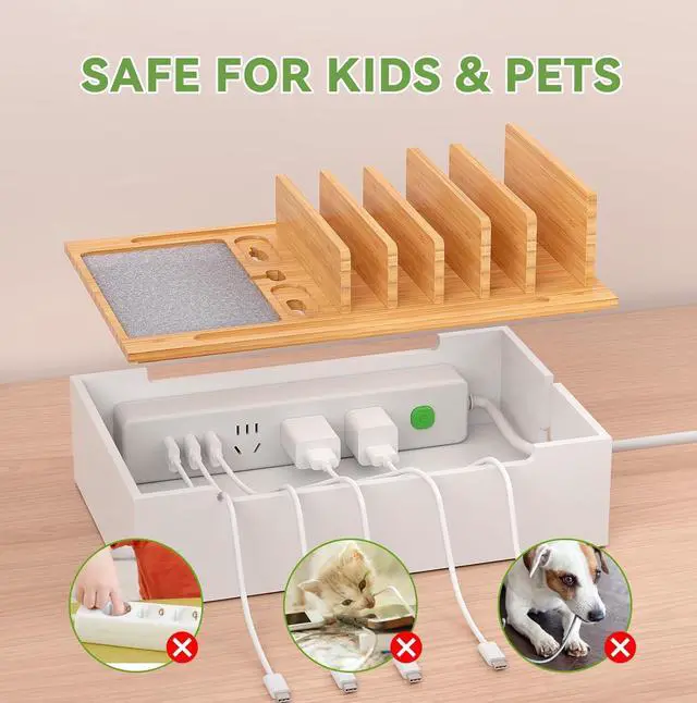 Alt view image 5 of 7 - Pezin & Hulin Bamboo Charing Station, Multi Charger Organizer Phone Docking Station, Large Wire Storage Box and Organizers for Cords Hider (Include 10-Port USB Charger and 6 Cables) -Natural+White