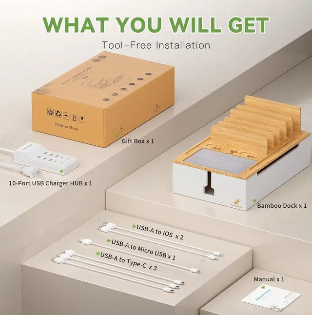 Alt view image 2 of 7 - Pezin & Hulin Bamboo Charing Station, Multi Charger Organizer Phone Docking Station, Large Wire Storage Box and Organizers for Cords Hider (Include 10-Port USB Charger and 6 Cables) -Natural+White