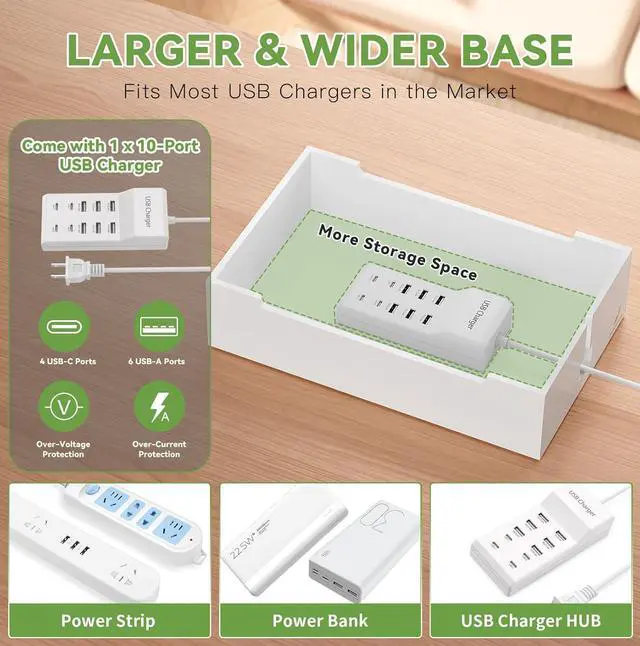 Alt view image 6 of 7 - Pezin & Hulin Bamboo Charing Station, Multi Charger Organizer Phone Docking Station, Large Wire Storage Box and Organizers for Cords Hider (Include 10-Port USB Charger and 6 Cables) -Natural+White