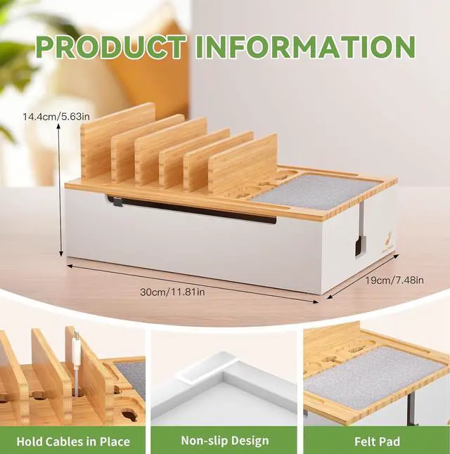 Alt view image 7 of 7 - Pezin & Hulin Bamboo Charing Station, Multi Charger Organizer Phone Docking Station, Large Wire Storage Box and Organizers for Cords Hider (Include 10-Port USB Charger and 6 Cables) -Natural+White