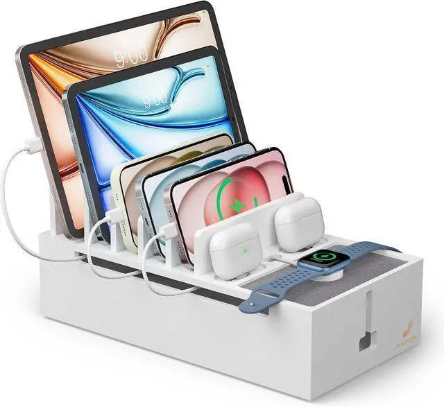 Main image of Pezin & Hulin Bamboo Charging Station for Multiple Devices, Charger Dock Holder Stand for Cell Phone and Tablet, Electronic Devices Organizer, 6 USB Cables (No Chargerr White