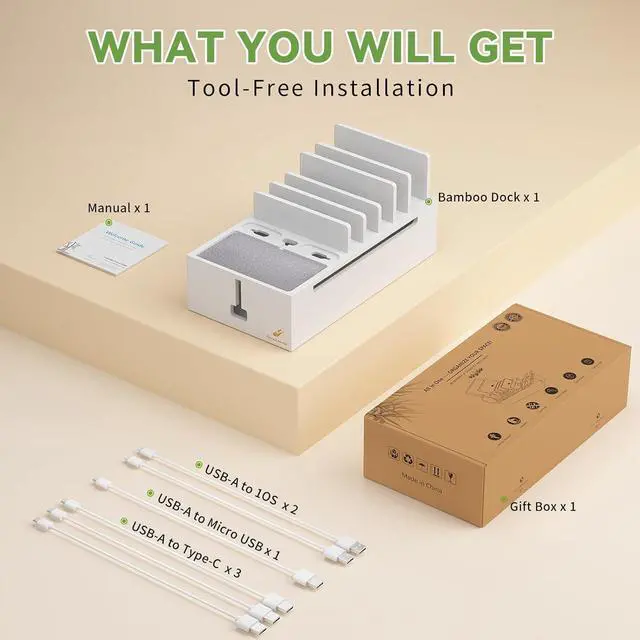 Alt view image 2 of 7 - Pezin & Hulin Bamboo Charging Station for Multiple Devices, Charger Dock Holder Stand for Cell Phone and Tablet, Electronic Devices Organizer, 6 USB Cables (No Chargerr White