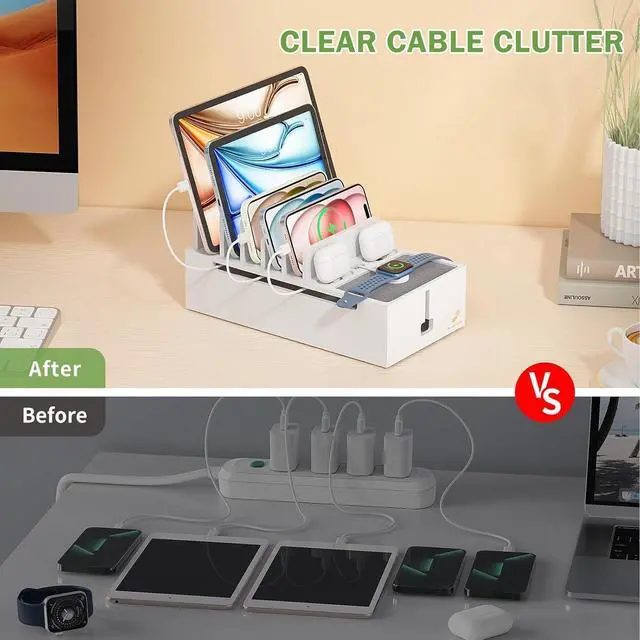 Alt view image 3 of 7 - Pezin & Hulin Bamboo Charging Station for Multiple Devices, Charger Dock Holder Stand for Cell Phone and Tablet, Electronic Devices Organizer, 6 USB Cables (No Chargerr White