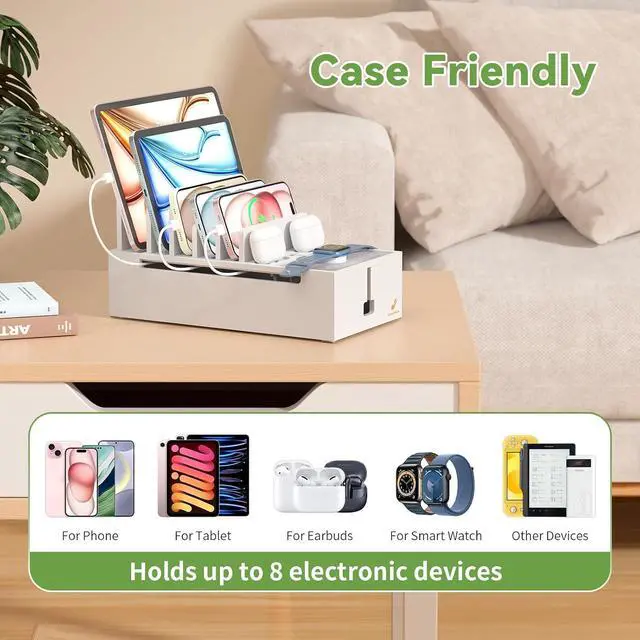 Alt view image 4 of 7 - Pezin & Hulin Bamboo Charging Station for Multiple Devices, Charger Dock Holder Stand for Cell Phone and Tablet, Electronic Devices Organizer, 6 USB Cables (No Chargerr White