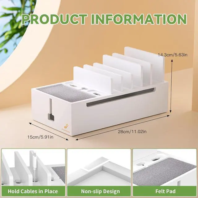 Alt view image 7 of 7 - Pezin & Hulin Bamboo Charging Station for Multiple Devices, Charger Dock Holder Stand for Cell Phone and Tablet, Electronic Devices Organizer, 6 USB Cables (No Chargerr White