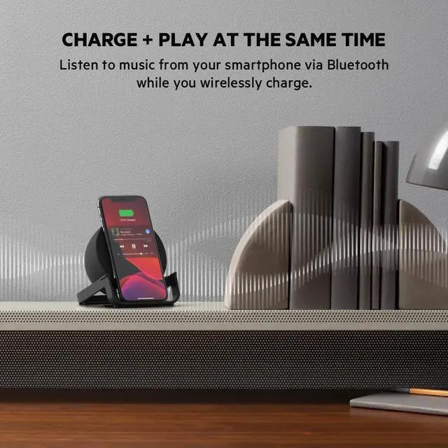 Alt view image 6 of 7 - Belkin Wireless Charging Speaker (Wireless Charging Stand + Bluetooth Speaker Charger) Charge While Listening to Music, Streaming Videos, Video Calls, Black, 10W Stand + Speaker