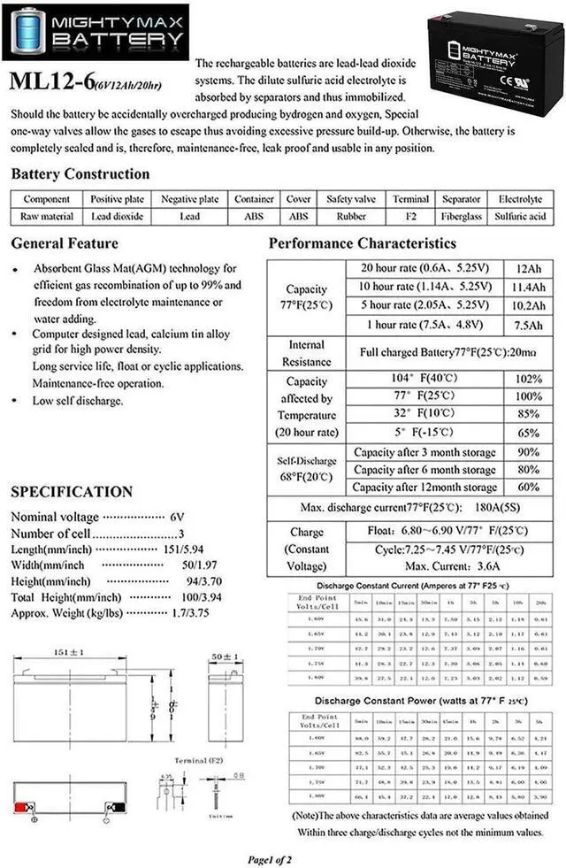 Alt view image 6 of 7 - Mighty Max Battery 6v 12ah f2 sla replacement battery for leoch lp6-10, djw6-12