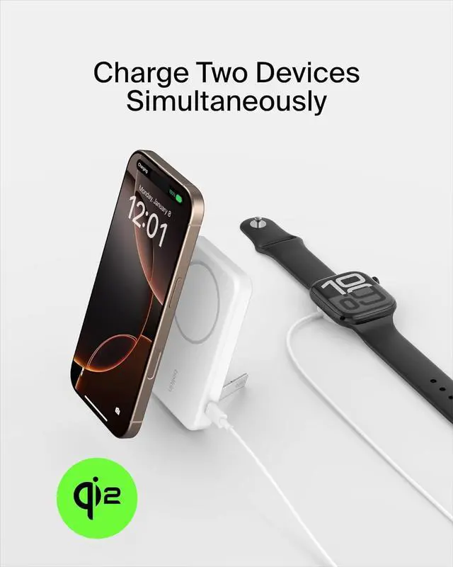 Alt view image 5 of 7 - Belkin BoostCharge Pro Wireless Power Bank 5K w/ Qi2, MagSafe Compatible + Built-in Pop-up Kickstand - Compatible w/iPhone 15, 15 Plus, 15 Pro, 15 Pro Max, iPhone 14, and More - White