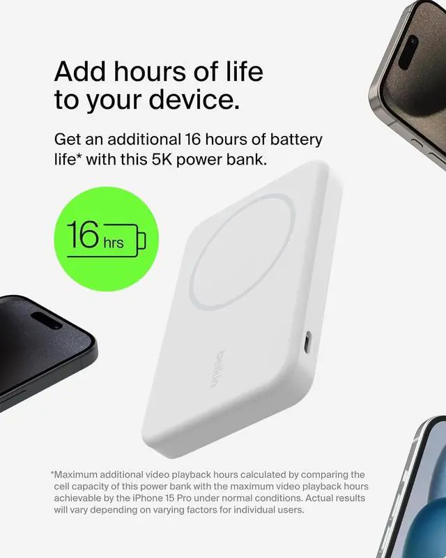 Alt view image 7 of 7 - Belkin BoostCharge Pro Wireless Power Bank 5K w/ Qi2, MagSafe Compatible + Built-in Pop-up Kickstand - Compatible w/iPhone 15, 15 Plus, 15 Pro, 15 Pro Max, iPhone 14, and More - White