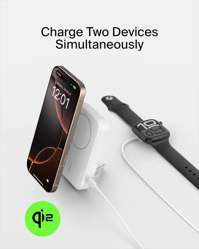 Alt view image 5 of 7 - Belkin BoostCharge Pro 8000mAh Wireless Powerbank with Qi2, MagSafe Compatible Charger + Folding Stand - for iPhone 16, 16 Plus, 16 Pro, 16 Pro Max, iPhone 15 and More - White