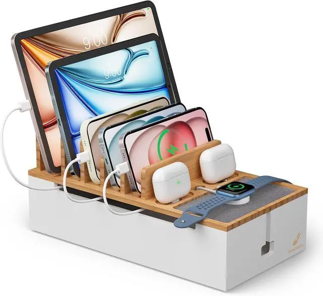 Main image of Pezin & Hulin Bamboo Charging Station for Multiple Devices, Charger Dock Holder Stand for Cell Phone and Tablet, Electronic Devices Organizer, 6 USB Cables (Natural+White (No Charger)