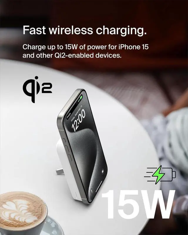 Alt view image 7 of 7 - Belkin BoostCharge Pro 8000mAh Wireless Powerbank with Qi2, MagSafe Compatible Charger + Folding Stand - for iPhone 16, 16 Plus, 16 Pro, 16 Pro Max, iPhone 15 and More - White