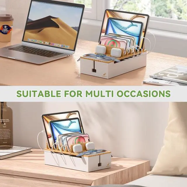 Alt view image 7 of 7 - Pezin & Hulin Bamboo Charging Station for Multiple Devices, Charger Dock Holder Stand for Cell Phone and Tablet, Electronic Devices Organizer, 6 USB Cables (Natural+White (No Charger)