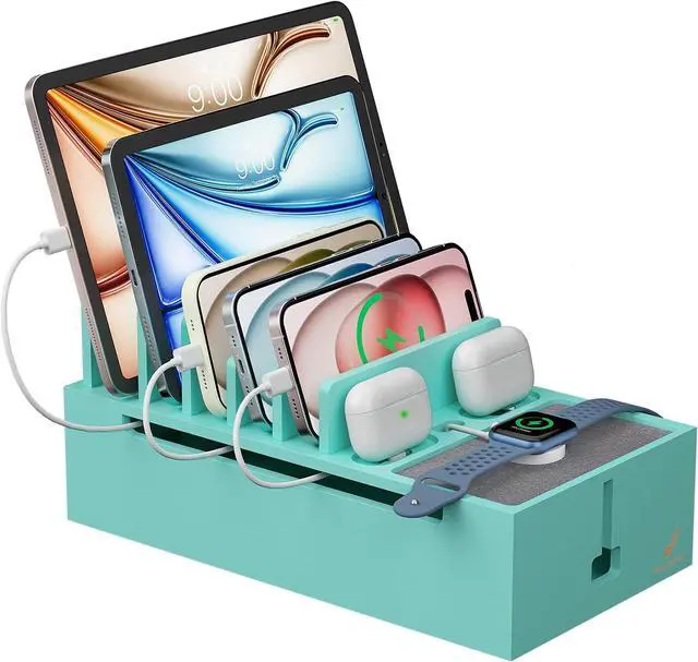 Main image of Pezin & Hulin Bamboo Charging Station for Multiple Devices, Charger Dock Holder Stand for Cell Phone and Tablet, Electronic Devices Organizer (Includes 6 Cables) NO Power Supply-Teal