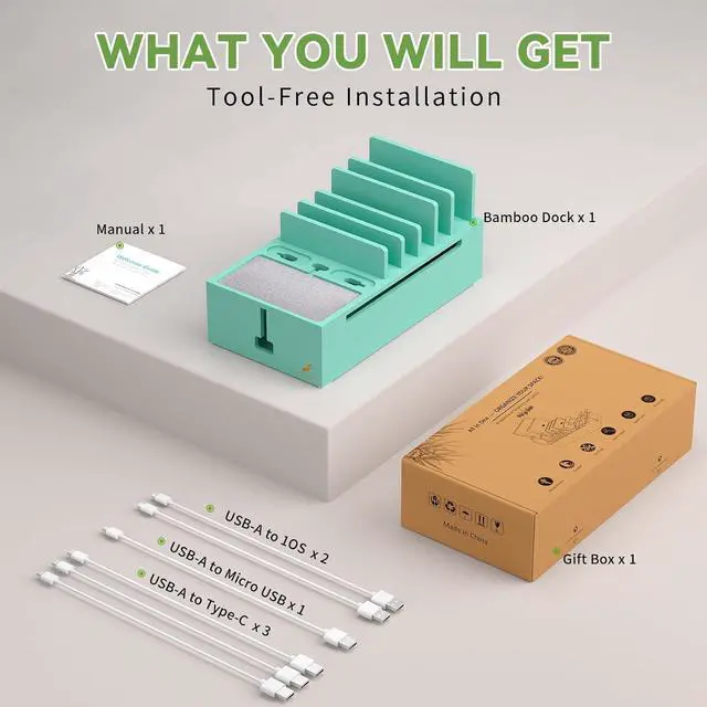 Alt view image 2 of 7 - Pezin & Hulin Bamboo Charging Station for Multiple Devices, Charger Dock Holder Stand for Cell Phone and Tablet, Electronic Devices Organizer (Includes 6 Cables) NO Power Supply-Teal