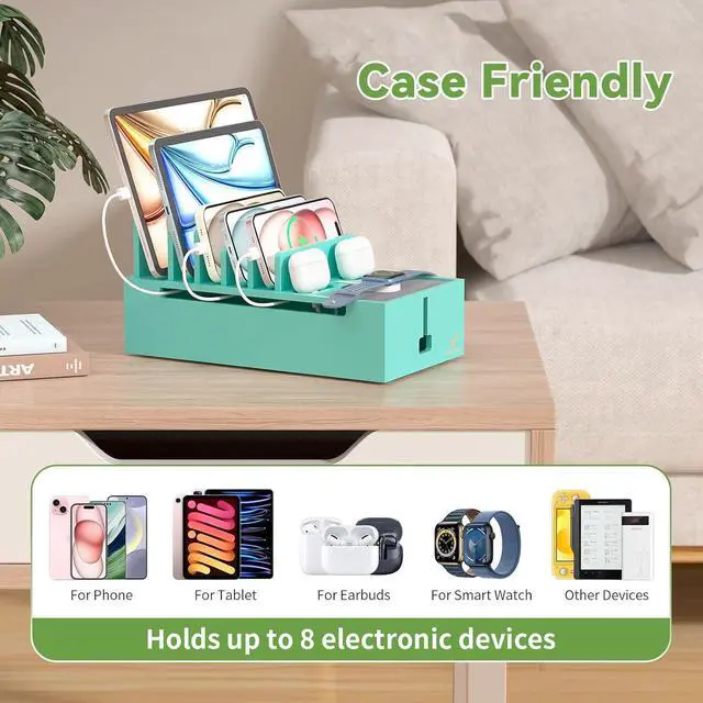 Alt view image 4 of 7 - Pezin & Hulin Bamboo Charging Station for Multiple Devices, Charger Dock Holder Stand for Cell Phone and Tablet, Electronic Devices Organizer (Includes 6 Cables) NO Power Supply-Teal