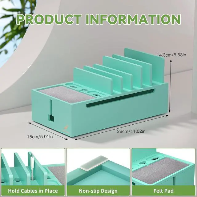 Alt view image 7 of 7 - Pezin & Hulin Bamboo Charging Station for Multiple Devices, Charger Dock Holder Stand for Cell Phone and Tablet, Electronic Devices Organizer (Includes 6 Cables) NO Power Supply-Teal