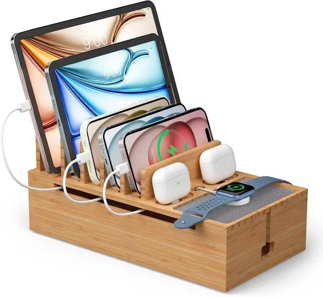 Main image of Pezin & Hulin Bamboo Charging Station for Multiple Devices, Charger Dock Holder Stand for Cell Phone and Tablet, Electronic Devices Organizer, 6 USB Cables