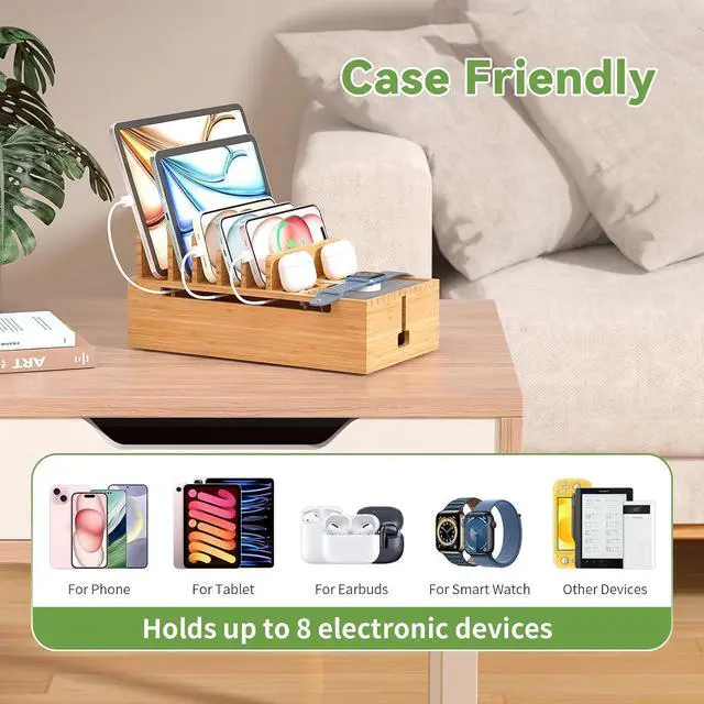 Alt view image 4 of 7 - Pezin & Hulin Bamboo Charging Station for Multiple Devices, Charger Dock Holder Stand for Cell Phone and Tablet, Electronic Devices Organizer, 6 USB Cables