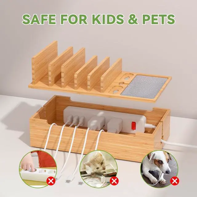 Alt view image 5 of 7 - Pezin & Hulin Bamboo Charging Station for Multiple Devices, Charger Dock Holder Stand for Cell Phone and Tablet, Electronic Devices Organizer, 6 USB Cables