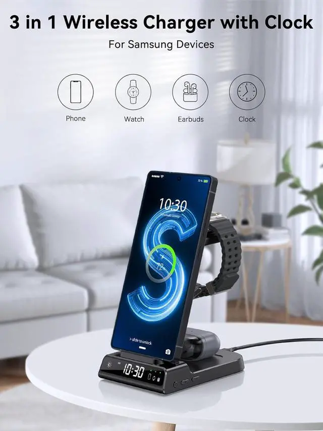 Alt view image 2 of 7 - Wireless Charger for Samsung Charging Station with Clock for Samsung Galaxy S25 Ultra/S24 Ultra/Z Flip 6/5/Fold 5/Bud, 3 in 1 Android Charging Station, Watch Charger for Samsung Galaxy Watch 7/6/5Pro