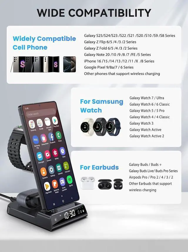 Alt view image 3 of 7 - Wireless Charger for Samsung Charging Station with Clock for Samsung Galaxy S25 Ultra/S24 Ultra/Z Flip 6/5/Fold 5/Bud, 3 in 1 Android Charging Station, Watch Charger for Samsung Galaxy Watch 7/6/5Pro