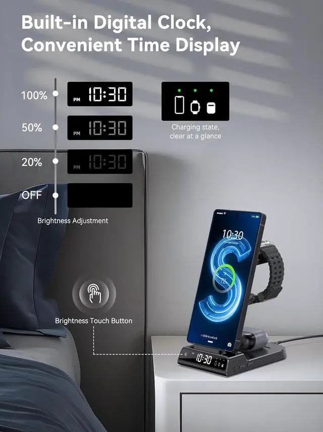 Alt view image 5 of 7 - Wireless Charger for Samsung Charging Station with Clock for Samsung Galaxy S25 Ultra/S24 Ultra/Z Flip 6/5/Fold 5/Bud, 3 in 1 Android Charging Station, Watch Charger for Samsung Galaxy Watch 7/6/5Pro