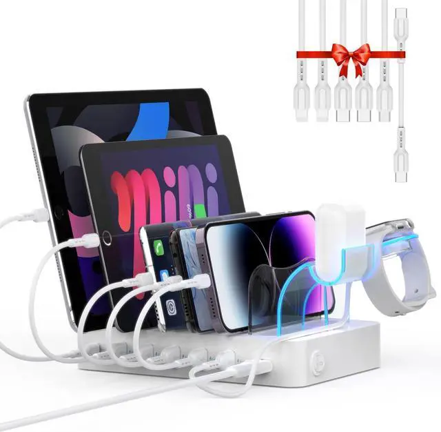 Main image of SooPii 60W 6-Port Charging Station for Multiple Devices PD 20W USB C Fast Charging for lPhone 14/13/12 6 Short Cables Included 2 in 1 Holder for Phones Tablets and Others White