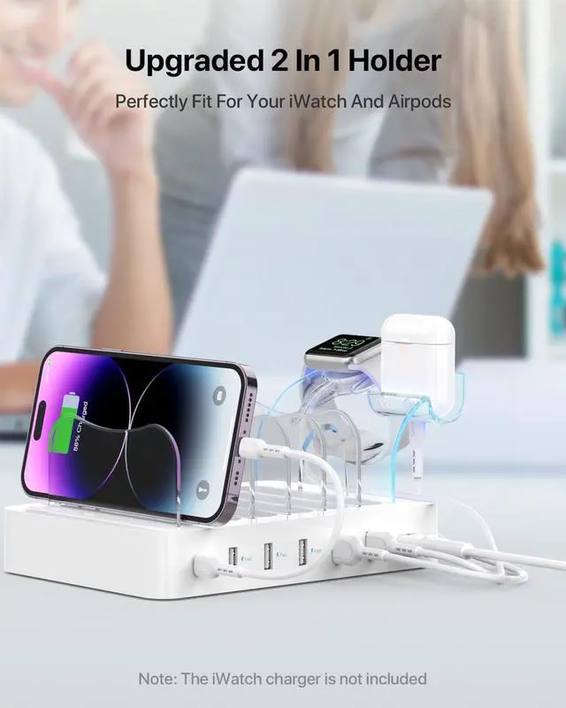 Alt view image 6 of 7 - SooPii 60W 6-Port Charging Station for Multiple Devices PD 20W USB C Fast Charging for lPhone 14/13/12 6 Short Cables Included 2 in 1 Holder for Phones Tablets and Others White
