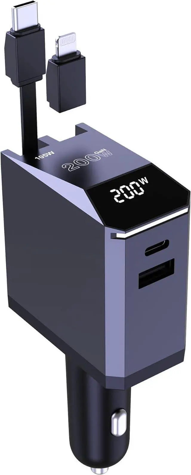 Main image of 200W Retractable Car Charger 3-in-1 Independent Fast Charging 2.3ft 105W Retractable Cable Power Display USB C Car Charger for MacBook Pro iPhone 16 15 Galaxy S25 S24 Ultra etc