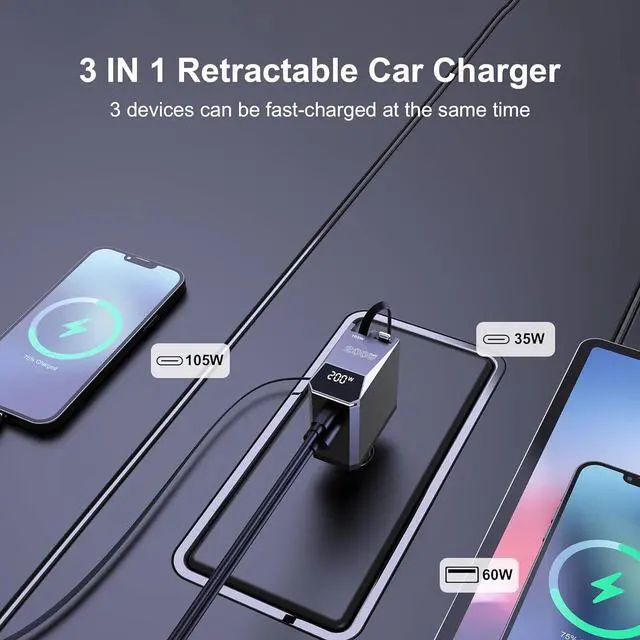 Alt view image 2 of 7 - 200W Retractable Car Charger 3-in-1 Independent Fast Charging 2.3ft 105W Retractable Cable Power Display USB C Car Charger for MacBook Pro iPhone 16 15 Galaxy S25 S24 Ultra etc