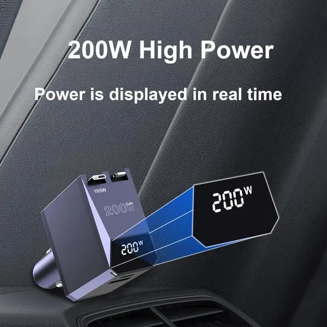 Alt view image 3 of 7 - 200W Retractable Car Charger 3-in-1 Independent Fast Charging 2.3ft 105W Retractable Cable Power Display USB C Car Charger for MacBook Pro iPhone 16 15 Galaxy S25 S24 Ultra etc