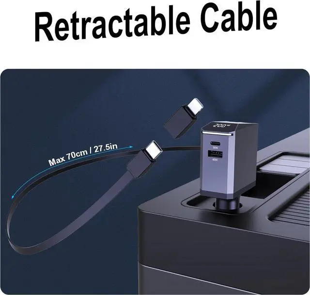 Alt view image 5 of 7 - 200W Retractable Car Charger 3-in-1 Independent Fast Charging 2.3ft 105W Retractable Cable Power Display USB C Car Charger for MacBook Pro iPhone 16 15 Galaxy S25 S24 Ultra etc