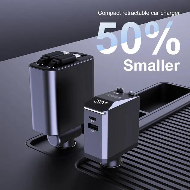 Alt view image 7 of 7 - 200W Retractable Car Charger 3-in-1 Independent Fast Charging 2.3ft 105W Retractable Cable Power Display USB C Car Charger for MacBook Pro iPhone 16 15 Galaxy S25 S24 Ultra etc