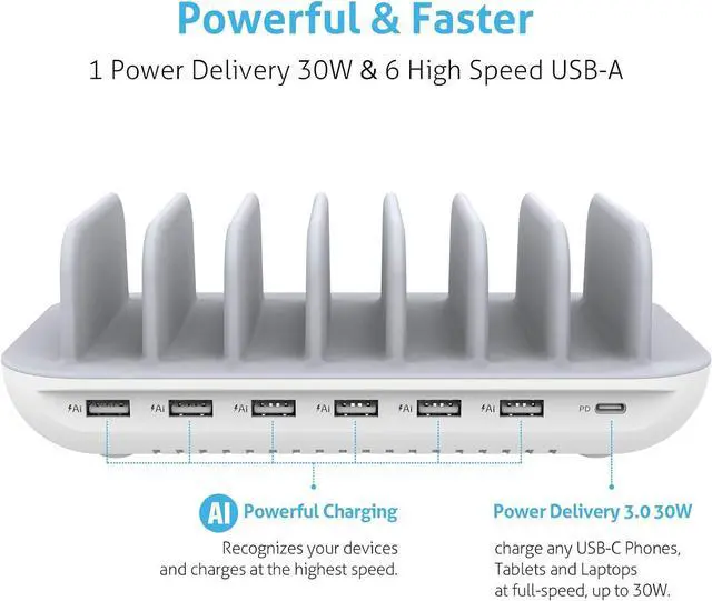 Alt view image 2 of 7 - SooPii 70W 7 Port Charging Station for Multiple Devices,Charger Station with One 30W Power Delivery Port for Laptops,and 6 USB Ports for Smart Phones,Tablets,Other Electronics, White