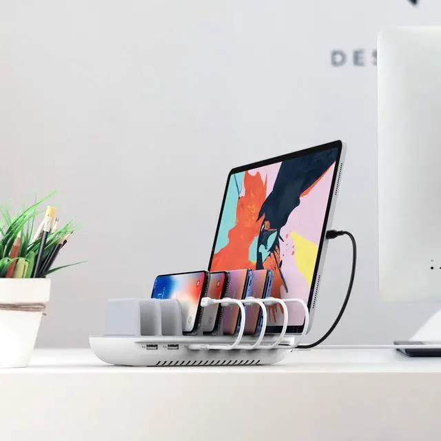 Alt view image 4 of 7 - SooPii 70W 7 Port Charging Station for Multiple Devices,Charger Station with One 30W Power Delivery Port for Laptops,and 6 USB Ports for Smart Phones,Tablets,Other Electronics, White