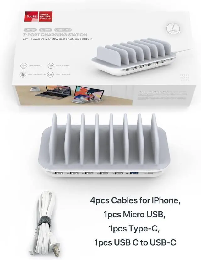 Alt view image 7 of 7 - SooPii 70W 7 Port Charging Station for Multiple Devices,Charger Station with One 30W Power Delivery Port for Laptops,and 6 USB Ports for Smart Phones,Tablets,Other Electronics, White