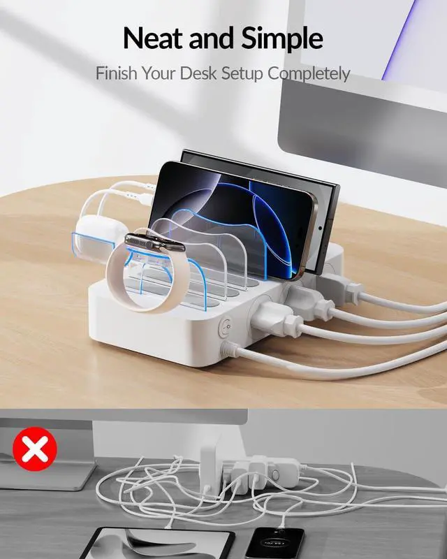Alt view image 7 of 7 - 60W Charging Station for Multiple Devices, 6 Port European Travel Adapter with 3 AC Outlets, 3 USB C, 3USB A, 6ft tension Cord, 6 Mix Caes, 5 Travel Plug Converter for US to EU/UK/AU/IT