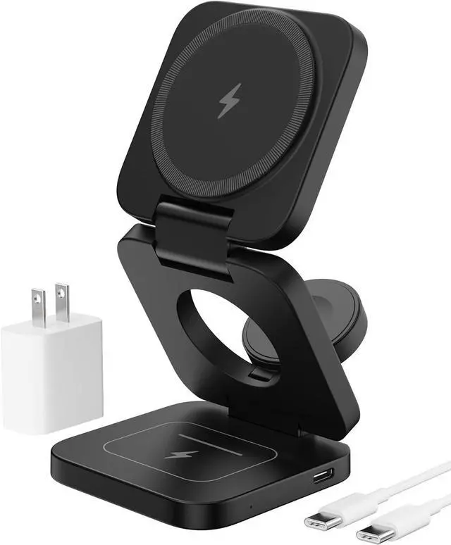 Main image of X55 Foldable 3 in 1 Charging Station for Apple Devices, 15W Fast Magnetic Wireless Charger, Magent Travel Charger Stand for iPhone 16 15 14 13 12 Series, 5W for Apple Watch, AirPods-Black