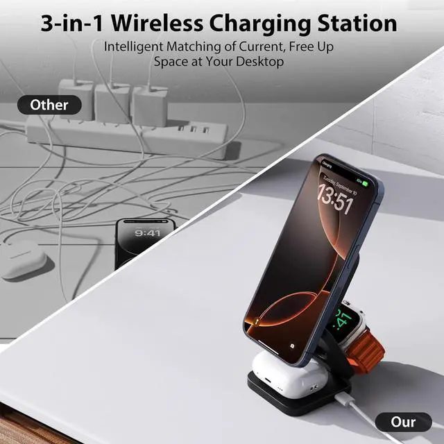 Alt view image 5 of 7 - X55 Foldable 3 in 1 Charging Station for Apple Devices, 15W Fast Magnetic Wireless Charger, Magent Travel Charger Stand for iPhone 16 15 14 13 12 Series, 5W for Apple Watch, AirPods-Black