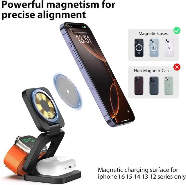 Alt view image 7 of 7 - X55 Foldable 3 in 1 Charging Station for Apple Devices, 15W Fast Magnetic Wireless Charger, Magent Travel Charger Stand for iPhone 16 15 14 13 12 Series, 5W for Apple Watch, AirPods-Black