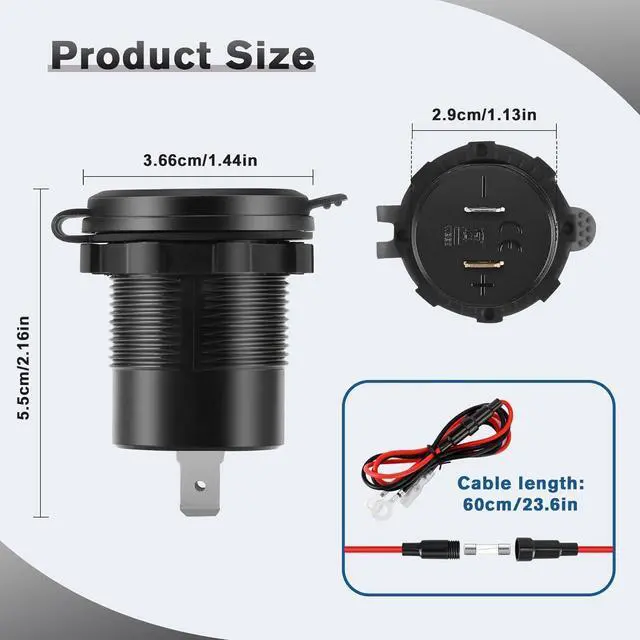 Alt view image 6 of 7 - 12V Type C USB Outlet Quick Car Charger Socket Dual Port Type C Fast Charger Socket Power Waterproof 12V / 24V Marine Boat Motorcycle Truck