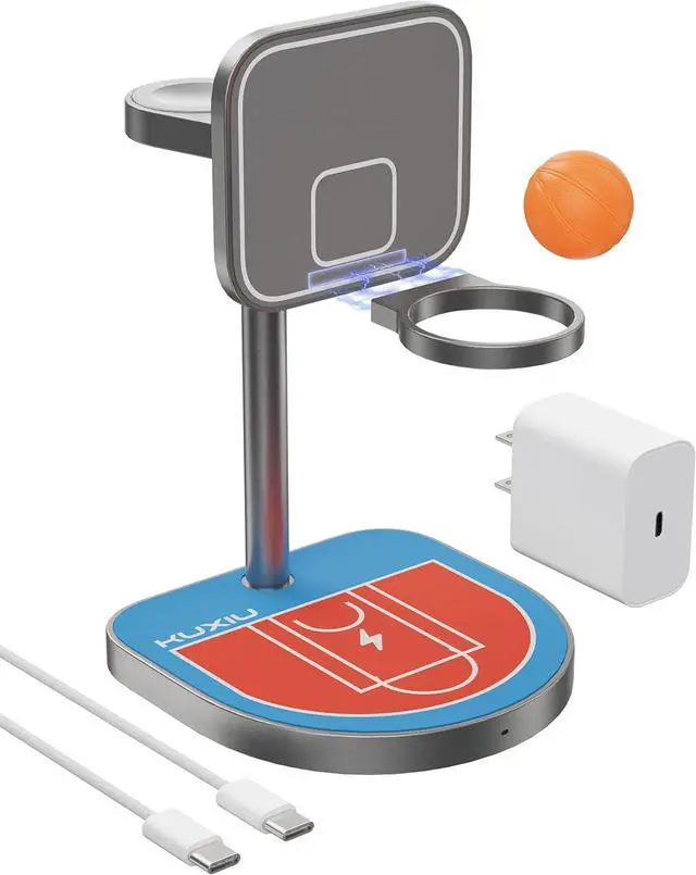 Main image of 3-Point Power 3 in 1 Charging Station for Apple,  X85 Aluminum Alloy Magnetic Wireless Charger with Mini Basketball & Hoop for iPhone 16/15/14/13/12, 5W for Apple Watch, AirPods, Red & Blue