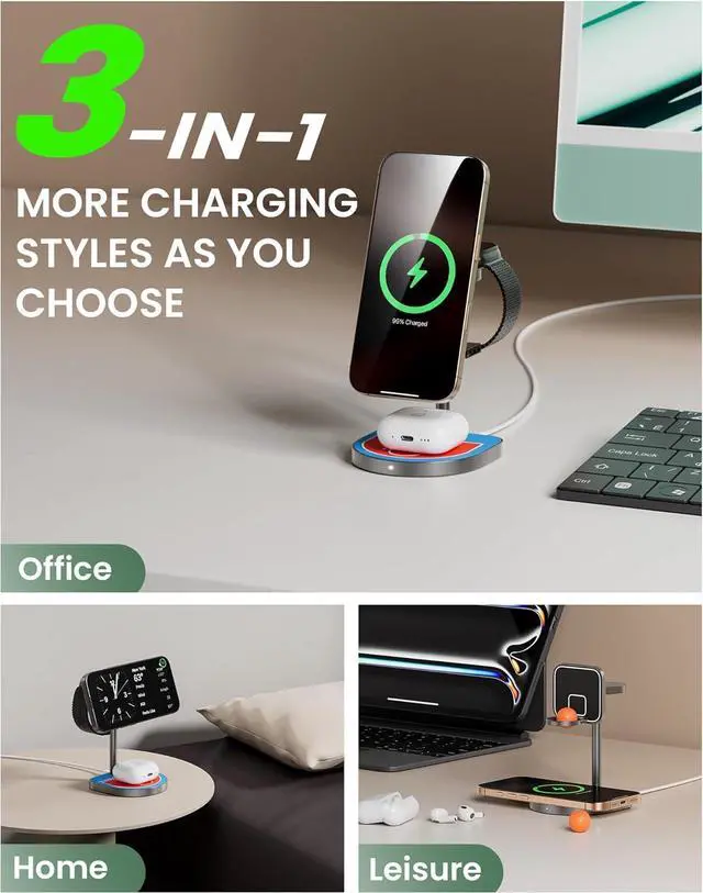 Alt view image 2 of 7 - 3-Point Power 3 in 1 Charging Station for Apple,  X85 Aluminum Alloy Magnetic Wireless Charger with Mini Basketball & Hoop for iPhone 16/15/14/13/12, 5W for Apple Watch, AirPods, Red & Blue