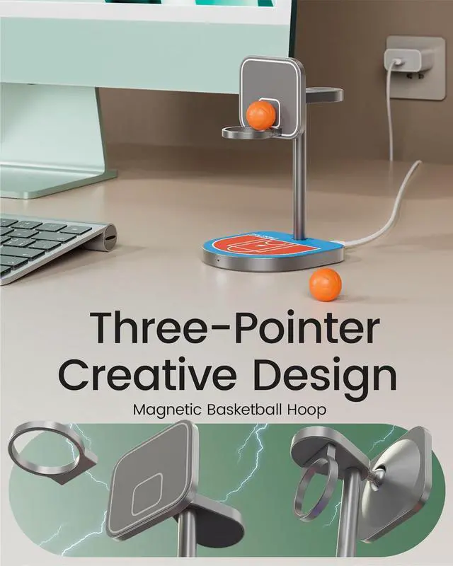 Alt view image 3 of 7 - 3-Point Power 3 in 1 Charging Station for Apple,  X85 Aluminum Alloy Magnetic Wireless Charger with Mini Basketball & Hoop for iPhone 16/15/14/13/12, 5W for Apple Watch, AirPods, Red & Blue