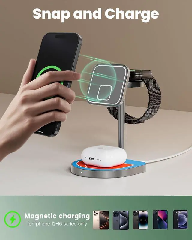 Alt view image 5 of 7 - 3-Point Power 3 in 1 Charging Station for Apple,  X85 Aluminum Alloy Magnetic Wireless Charger with Mini Basketball & Hoop for iPhone 16/15/14/13/12, 5W for Apple Watch, AirPods, Red & Blue