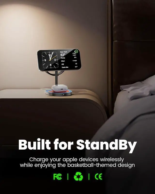 Alt view image 6 of 7 - 3-Point Power 3 in 1 Charging Station for Apple,  X85 Aluminum Alloy Magnetic Wireless Charger with Mini Basketball & Hoop for iPhone 16/15/14/13/12, 5W for Apple Watch, AirPods, Red & Blue