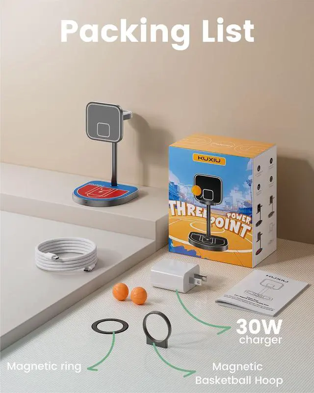 Alt view image 7 of 7 - 3-Point Power 3 in 1 Charging Station for Apple,  X85 Aluminum Alloy Magnetic Wireless Charger with Mini Basketball & Hoop for iPhone 16/15/14/13/12, 5W for Apple Watch, AirPods, Red & Blue