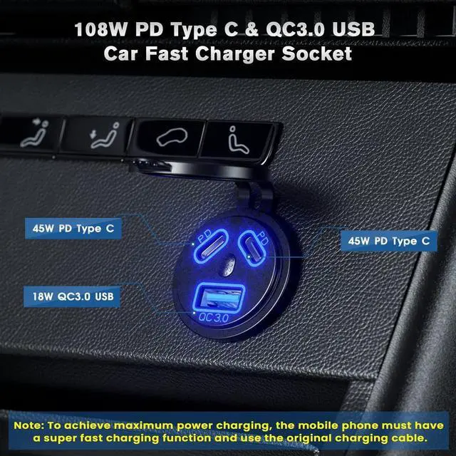 Alt view image 2 of 7 - 12V Type C USB Outlet Quick Car Charger Socket Dual Port Type C Fast Charger Socket Power Waterproof 12V / 24V Marine Boat Motorcycle Truck